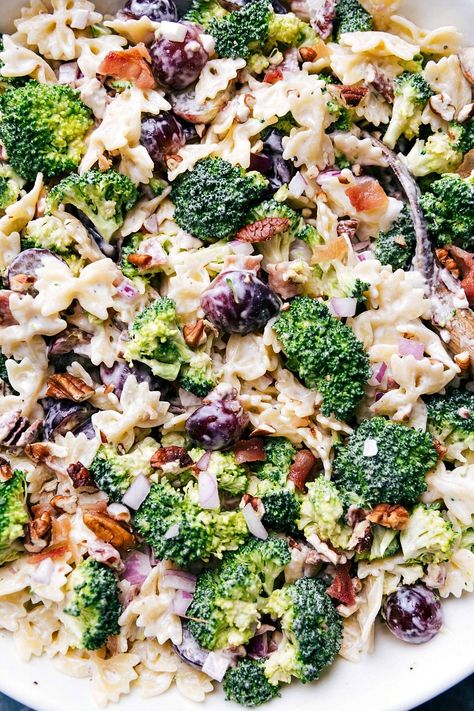 Broccoli Grape Pasta Salad has broccoli, farfalle pasta, bacon, grapes, and pecans. The salad is dressed with a creamy mayo-based dressing that is naturally sweetened and loaded with flavor! Recipe via chelseasmessyapron #recipes #walnut #onion #grapes #bacon #sidedish #nobake #broccoli #grape #pasta #salad Broccoli Grape Pasta Salad, Grape Pasta Salad, Macaroni Coleslaw, Farfalle Pasta Salad, Grape Pasta, Broccoli Grape Salad, Broccoli Pasta Salads, Potluck Salad, Classic Pasta Salad