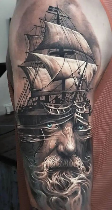 30 Incredible Ship Tattoos For Your Next Adventure - Body Artifact Arlo Tattoo, Ship Tattoo Sleeves, Pirate Ship Tattoos, Nautical Tattoo Sleeve, Boat Tattoo, Poseidon Tattoo, Pirate Tattoo, Nautical Tattoo, Ship Tattoo