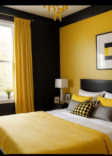 Yellow Black White Bedroom, Yellow Black And White Bedroom Ideas, Black And Yellow House Interior Design, Black Yellow Bedroom Room Ideas, Black Yellow And White Bedroom, Yellow Curtains Bedroom Decorating Ideas, Bedroom Color Schemes Yellow, Yellow And Black Decor, Black White And Yellow Bedroom