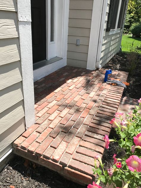 Brick And Wood Porch, Brick Paver Over Concrete, Add Brick To House Exterior, Diy Brick Front Steps, Diy Backdoor Steps, Brick Paver Steps, Small Brick Porch, Building Brick Steps, Diy Brick Patio Ideas