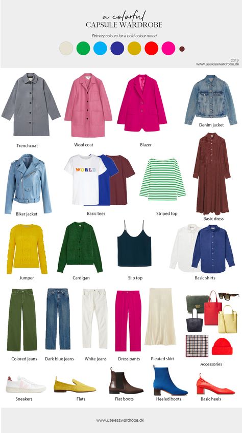 Colorful capsule wardrobe with primary colors #capsule #wardrobe #colors #colorful Vibrant Capsule Wardrobe, Pop Of Color Capsule Wardrobe, Fun Wardrobe Ideas, Capsule Wardrobe 2023 Colorful, Colorful Work Capsule Wardrobe, Spring Capsule Wardrobe 2024 Colorful, Dopamine Capsule Wardrobe, Capsule Wardrobe Bright Colors, Capsule Wardrobe Colourful