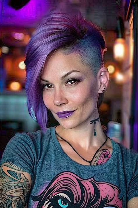 Undercut Color Ideas, Short Purple Hair Pixie, Cool Purple Hair, Purple Pixie Cut, Edgy Undercut, Hair Evolution, Short Hair Images, Goth Hair, Short Hair Pixie Cuts