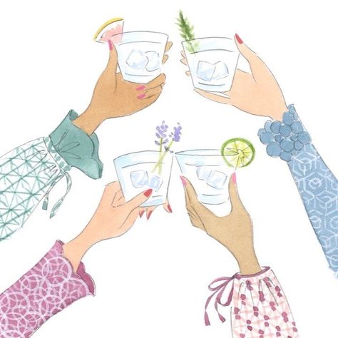 Birthday Illustration Art, Tequila Illustration, Watercolor Friends, Best Friend Illustration, Cheers Illustration, Glasses Clinking, Anne Keenan Higgins, Birthday Illustration, Instagram Illustration