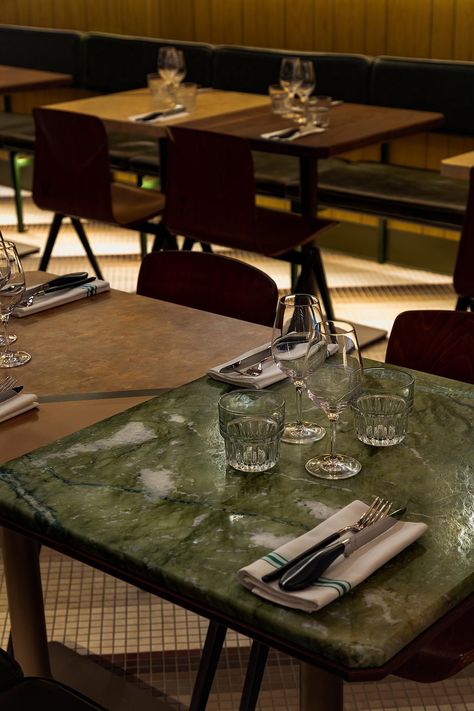 A contemporary restaurant table design. Restaurant Table Decor, Restaurant Table Design, Contemporary Restaurant, Restaurant Table Setting, Restaurant Table, Pizza Restaurant, Modern Restaurant, Restaurant Tables, Tile Pattern