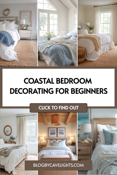 Transform your space with our coastal bedroom ideas! 🌟 Learn how to select the perfect coastal bedding sets and accessories with our beginner’s guide. Don't miss out—click now for essential tips and inspiration! Coastal Interiors Design Bedroom, Coastal Bedroom With Black Accents, Calm Coastal Bedroom, Beach Bedroom Ideas Coastal Style, Small Coastal Bedroom, Modern Coastal Bedroom Ideas, Decorating For Beginners, Coastal Bedding Sets, Coastal Bedroom Decor