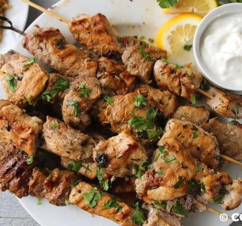 Greek Pork Kebab Recipes, Pork Greek Souvlaki, Greek Tenderloin, Pork Tenderloin Kebabs Kabob Recipes, Pork Souvlaki With Tzatziki, Souvlaki Pork Chops, Souvlaki Marinade Pork, Air Fryer Pork Souvlaki, Pork Slovakia Marinade