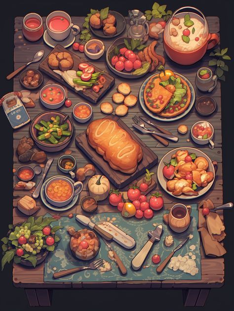 Table Full Of Food Drawing, Fantasy Kitchen Illustration, Tavern Food Art, Aesthetic Groceries, Food Concept Art, Save Animals Poster, Red Robbin, Tavern Food, Homemade Recipe Books