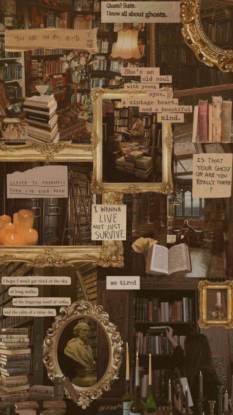 Book Aesthetic Wallpaper Collage, Reading Collage Wallpaper, Bookish Collage Wallpaper, Dark Academia Bulletin Board, Reading Aesthetic Collage, Acedamia Aesthetic Wallpaper, Book Aesthetic Vintage Dark, Vintage Library Aesthetic Wallpaper, College Wallpaper Iphone