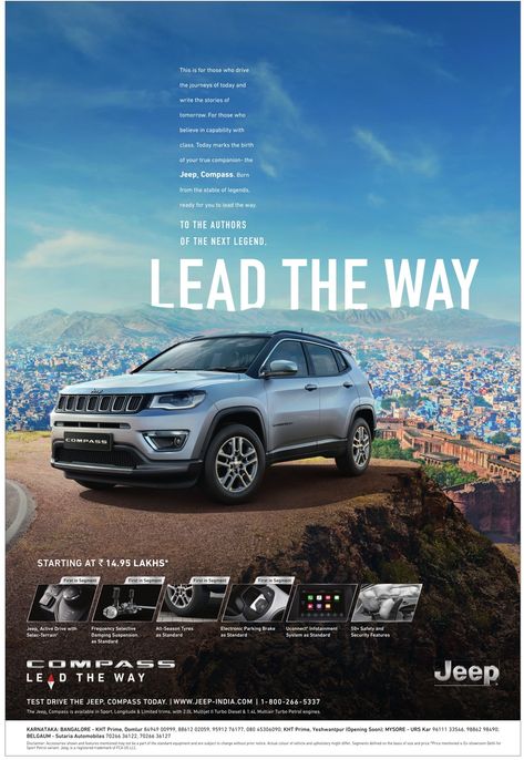 jeep-compass-lead-the-way--ad-times-of-india-bangalore. Check out more Car Advertisement Collection at https://www.advertgallery.com/product-category/advertisements-by-category/automotive Car Advertisement, Car Advertising Design, Car Banner, Automobile Advertising, Ad Car, Social Media Advertising Design, Car Inspiration, Car Advertising, Jeep Compass