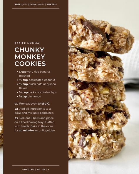 Chunky Monkey Cookies — Recipe Mumma Chunky Monkey Cookies, Quinoa Flakes, Monkey Cookies, Monkey Banana, Monkey And Banana, Healthy Plate, Desiccated Coconut, Banana Cookies, Fancy Restaurants