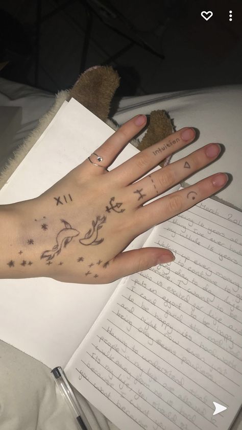 Pisces Constellation Tattoo Hand, Pisces Hand Tattoos For Women, Pices Tattoo Minimalist, Pices Tattoo Ideas, Pisces Hand Tattoo, Hand Tattoo Ideas, Small Henna Designs, Pisces Tattoo, Small Henna