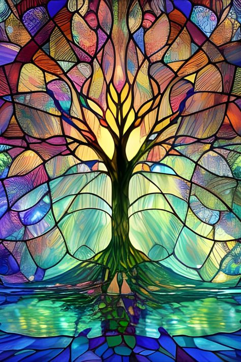 Beautiful, colorful, faux stained glass image of a tree Stained Glass Windows Trees, Tree Glass Painting, Beautiful Stained Glass Windows, Colorful Stained Glass Window, Stained Glass Inspired Art, Tree Of Life Stained Glass Window, Tree Stained Glass Window, Stainglass Tattoo Ideas, Stained Glass Style Painting