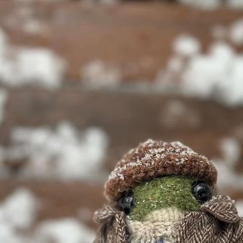 Zinc on Instagram: "It snowed a lot so I took out the winter clothes I was planning to put away and put them back on.  For some reason, I feel happy when it snows. Now that I'm back home, I need to have a hot Americano.  Overalls & skirts patterns are in my ravelry store. Frog pattern by @dotpebbles_knits Shoes, coat made by @dalcom_nuri  #knittingdoll #knitting #frog #Knittedfrog #frogdoll #madebyzinc" Knit Frog Clothes, Knitted Frog, I Feel Happy, Skirts Patterns, 15th Birthday Cakes, Frog Doll, Frog Pattern, Christmas Posts, Felted Crochet