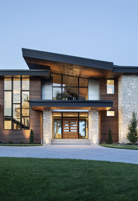 Bohns Point | Architectural Design in Wayzata, MN | David Charlez Designs Mountain Modern Home Exterior, Modern Mountain Home Exterior, Modern Industrial House, Industrial House Exterior, Mountain Contemporary Home, Contemporary Mountain Home, Rustic Architecture, Mountain Home Interiors, Modern Mountain House