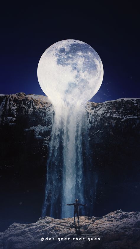 Moon Waterfall, Wallpaper Waterfall, Photoshop Portfolio, Sunrise Photography, Work On, Photoshop, Portfolio, Celestial Bodies, Moon