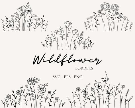 Wildflower Border Drawing, Hand Drawn Wildflowers, Wildflower Chalkboard Art, Wildflower Sketch Drawings, Wildflower Drawing Simple, Wildflower Logo, Wildflower Border, Field Drawing, Simple Svg