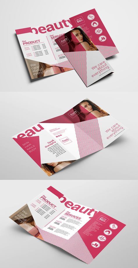 Free Trifold Brochure Template for Beauty Salons. Comes in PSD, Ai & Vector. Works with Adobe Photoshop & Illustrator. Salon Leaflet Design, Beauty Brochure Design, Salon Brochure Design, Beauty Salon Brochure, Beauty Brochures, Website Banner Design, Adobe Photoshop Design, Trifold Brochure Design, Graphic Design Brochure