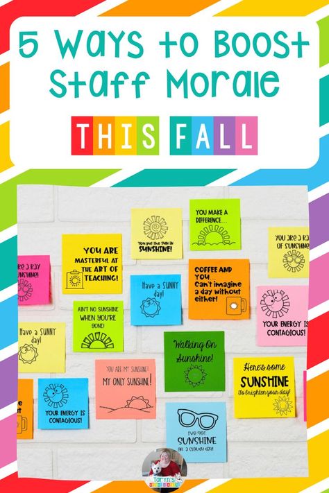 Are you a school administrator looking for ways to keep your staff excited about school? What about a member of a school sunshine committee? Teaching is hard and morale can drop quickly. Keep your staff members engaged and happy to come to work with some simple ideas that show your appreciation for all of their hard work. This blog post details 5 easy ideas you can use on your campus to keep morale high. #schoolprincipal #sunshinecommittee #staffmorale #staffappreciation #teacherencouragement Team Member Engagement Ideas, Boost Work Morale Ideas, School Sunshine Committee, Staff Engagement Ideas, Team Board Ideas Work, Staff Motivation Ideas, Nursing Director, Employee Morale Boosters, Work Encouragement