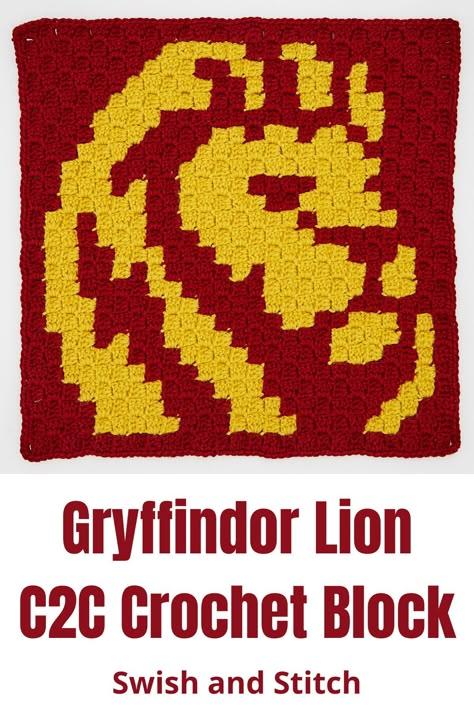 Crochet the stunning Gryffindor Lion. This fun block is the fifth in the Gryffindors C2C Crochet Afghan. Download the FREE printable PDF. This afghan is crocheted in Gryffindor colors and is the perfect gift for teens and all Harry Potter fans! Free Harry Potter Crochet Patterns, Harry Potter Crochet Squares, Harry Potter C2c Crochet Pattern Free, Harry Potter C2c Crochet Pattern, Harry Potter Crochet Blanket, C2c Patterns, C2c Harry Potter, Harry Potter Crochet C2c, Harry Potter Graphgan