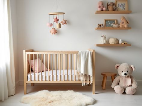 Create a peaceful paradise for your little one with this Scandinavian-inspired nursery! 🌿 Featuring a light wood crib, soft pastel accents, and a cozy sheepskin rug, this minimalist space promotes tranquility. Adorned with a stylish mobile and charming shelves for toys and books, it’s the perfect blend of functionality and serenity. 🍼✨ Light Wood Crib, Shelves For Toys, Nursery Minimalist, Nordic Nursery, Wood Crib, Boho Dining Room, Minimalist Space, Narrow Living Room, Scandinavian Nursery