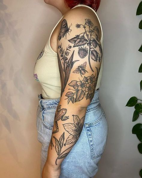 Floral sleeve tattoo. Healed Sleeve Tattoo, Theme Tattoo Sleeve Women, Nature Themed Sleeve Tattoo Patchwork, Botanical Floral Tattoo, Plant Patchwork Sleeve Tattoo, Patchwork Flower Sleeve Tattoo, Botanical Sleeve Tattoos For Women, Plus Size Tattoo Sleeve, Botanical Patchwork Sleeve Tattoo