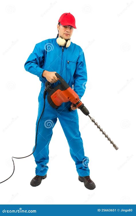 Worker with a Hammer Drill on White Background Stock Image - Image of manual, housework: 25663651 Tooth Party, Man Hand, Drill Machine, Hammer Drill, Protective Gear, Period Costumes, White Background, Stock Images, White