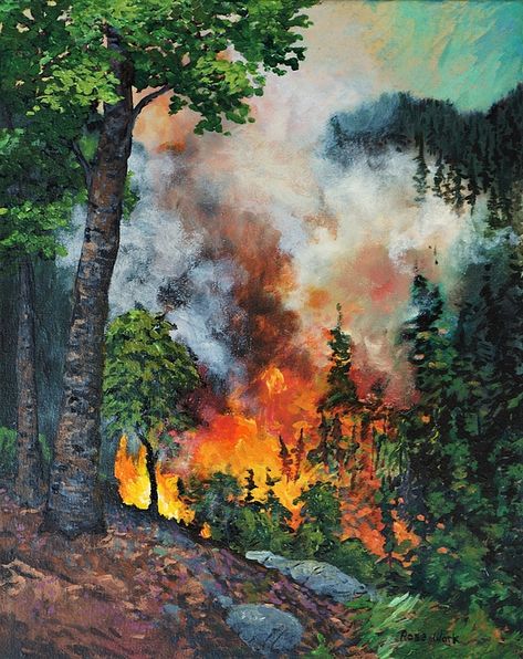 Forest Fire Painting, Mountain Painting Acrylic, Easy Landscape Paintings, Forest Drawing, Painting Forest, Fire Drawing, Waterfall Pictures, Waterfall Paintings, Mountain Landscape Painting