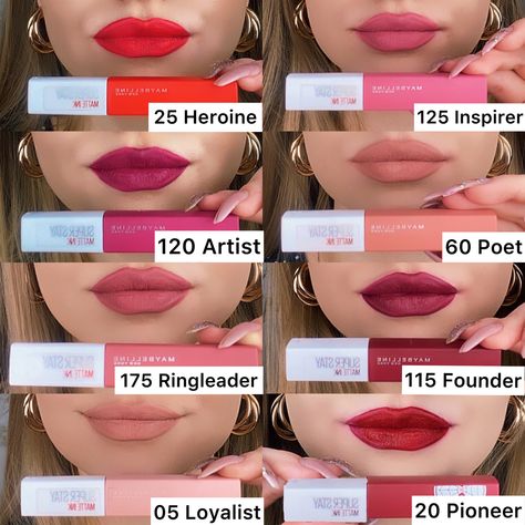 Long-lasting liquid lipstick swatches on my lips. Eight tones: Heroine, Artist, Ringleader, Loyalist, Inspirer, Poet, Founder, Pioneer ✨ Waterproof, Kiss proof, Food proof, Lasts till 20 hours if applied properly 💯 IGTV with swatches available in link 🌟 Maybelline Lipstick Pioneer, Mac Powder Kiss Liquid Lipstick Swatches, Long Lasting Waterproof Lipstick, Maybelline Pioneer, Longest Lasting Lipstick, Maybelline Lipstick Matte, Maybelline Super Stay Lipstick, Maybelline Swatches, Maybelline Lipstick Swatches