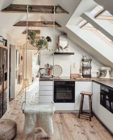 Small Kitchen Decoration, Slanted Ceiling, Attic Apartment, Rustic Modern Kitchen, Rustic Kitchen Design, Wood Tones, Inspired Living, Rustic Kitchen, Interior Design Inspiration