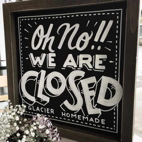 43 Likes, 7 Comments - a. j. tanguay & co. (@chalklatier) on Instagram: “Open/Closed signs for Glacier Ice Cream. Super bonus...take away gelato treats! Salted Spanish…” Open & Closed Signs, Ice Cream Business, Chalk Design, Barbershop Design, Chalk Wall, Closed Signs, Chalk Lettering, Chalkboard Designs, Open Signs