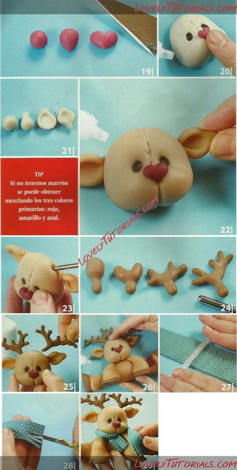 Polymer Clay Reindeer, Reindeer Clay, Clay Reindeer, Chocolate Reindeer, Polymer Clay Chocolate, Clay Chocolate, Diy Fondant Cake, Fondant Figures Tutorial, Clay Christmas Decorations