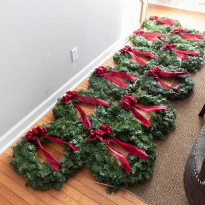 Outdoor Window Wreaths For Christmas, Outdoor Christmas Window Wreath Ideas, Xmas Garland Ideas Diy, Wreath With Red Ribbon On Window, Outdoor Lighted Wreaths Christmas, Small Window Wreaths Christmas, Wreath On Every Window, Wreaths On Fence Christmas, Window Garland Christmas Outdoor