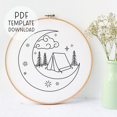 Camping Embroidery Pattern, Trees Embroidery Design, Summer Vacation Embroidery Moon Needlepainting, Travel Embroidery, Camping Lover Embroidery Camping, Camping Embroidery, Travel Embroidery, Happy Embroidery, Embroidery Guide, Cat Lover Birthday, New Embroidery Designs, Basic Embroidery, Ideas Embroidery