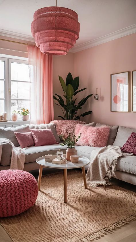 Pink Living Room Inspiration! 25+ Pink Living Room Ideas.. Pink Scandinavian Living Room, Pink And Cream Living Room, Living Room Inspiration Pink, Cottagecore Living Room Ideas, Pink Living Room Ideas, Pink Sofa Living Room, Cottagecore Living Room, Living Room Inspiration Cozy, White Distressed Furniture