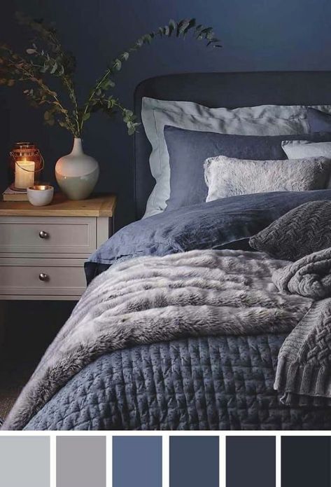 Dark Blue Bedroom Walls, Navy Bedroom Decor, Blue Bedroom Walls, Dark Blue Bedrooms, Navy Blue Bedrooms, Navy Bedding, Winter Bedroom, Warm Bedroom, Blue Bedroom Decor