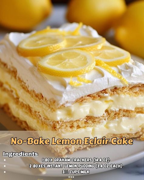 Stanley tucci fan | Cool off with a slice of No-Bake Lemon Eclair Cake | Facebook No Bake Lemon Eclair Cake, Lemon Eclair, No Bake Lemon, Eclair Cake, Stanley Tucci, Lemon Pudding, Refreshing Desserts, Eclairs, Cake Ingredients