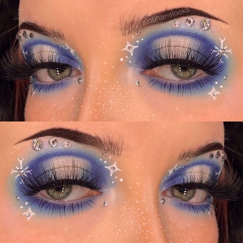 Snowflake Graphic Liner, Winter Ball Makeup, Christmas Graphic Liner, Blue Christmas Makeup, Snowflake Makeup Looks, December Makeup, Snowflake Makeup, Starfall Ball, Winter Witch