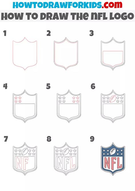 How to Draw the NFL Logo - Easy Drawing Tutorial For Kids Nfl Drawings, Drawing Ideas Step By Step, Sketchbook Diary, Draw Logo, Easy Drawing Tutorial, Football Team Logos, Drawing Tutorials For Kids, Pre K Activities, Nfl Teams Logos