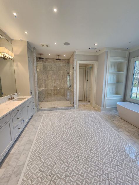 Large Bathroom Ideas Master Suite Showers, Long Shower Ideas Master Bath, Large Farmhouse Bathroom Master Bath, Bathroom Design Big Master Bath, Luxe Master Bath, Large Master Bath Remodel, Master Bath Open To Bedroom Layout, His Her Sinks Master Bath, Extra Large Master Bath