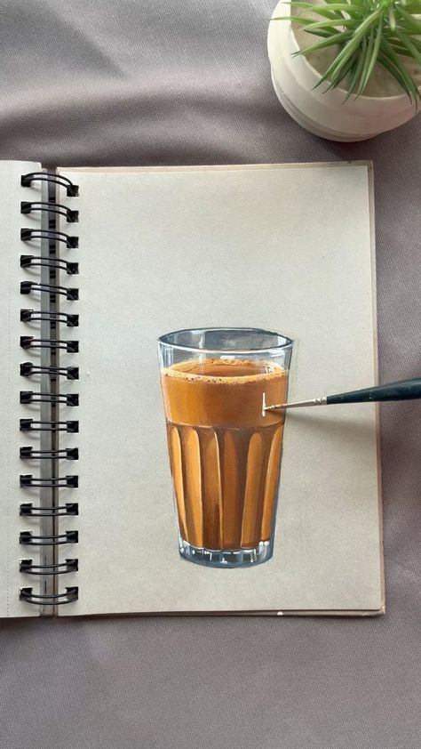 Chai Glass Painting, Watercolor 3d Painting, Chai Canvas Painting, Still Life Drawing Acrylic, Gouache Realistic Painting, Realistic Drawings Of Food, Easy Realistic Paintings Acrylic, Food Paintings Acrylic, Realistic Object Painting