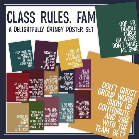 A hilarious and cringy homage to our delightful teens and their slang- this is our second set. This set is a funny collection of 15 posters to hang in your middle school or high school classrooms or bulletin boards. Should to get a few eye rolls and potential laughs, no cap! Be the GOAT teacher and change your classroom from mid to highkey, bro!. #teenslang #nocap #teacherspayteachers #teacherresources #classrules #middleschoolteacher Ela Posters High School, Bulletin Board For Middle School, Middle School Literature Classroom Decor, Bulletin Board Ideas For Highschool, High School Bulletin Board Ideas Funny, Calm Classroom Decor Middle School, Junior High Bulletin Board Ideas, Middle School Classroom Door, High School English Bulletin Boards