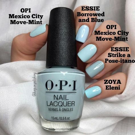 Silvia on Instagram: "Do I need some more minty/light teal nail polishes? 🤔 Maybe I don’t, but I am in love with all of them and, as you can see, they are close to each other but not exactly dupes! 💙 Would you like to see more comparisons in the future? *three coats each, without top coat* 🍀 @opi ~Mexico-City move-mint @essie ~ borrowed and blue, strike a Pose-itano @zoyanailpolish ~ Eleni" Opi Teal Nail Polish, Minty Blue Nails, Opi Light Blue Nail Polish, Mexico City Move Mint Opi, Opi Light Blue, Light Teal Nails, Mint Blue Nails, Opi Blue Nail Polish, Turquoise Nail Polish