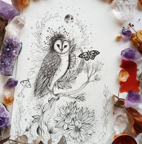 Whimsical Owl Tattoo, Boho Owl Tattoo, Owl Back Tattoo, Owl Illustration Art, Tattoo Design Sketches, Owl And Butterfly, Animal Tattoo Designs, Barn Owl Tattoo, Magical Illustration