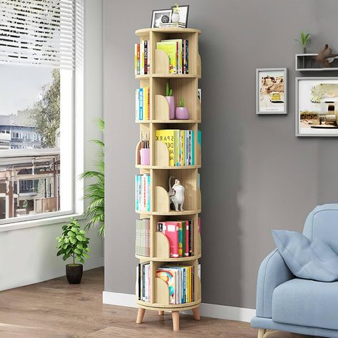 PRICES MAY VARY. 💕【360° Rotating】- This rotating bookshelf has a unique 360° rotating design. This bookcase not only attracts children to enjoy the fun of storage, but also displaying books, toys, CDs, handicrafts. 💕【Solid Wood】- Our standing rotating bookcase is made of Thickened Pine Wood. The surface can be painted to your favorite color. It is safe and stable and not easy to break. It needs some light sanding, and sand paper was provided. 💕【Space Saving】Diam: 18 inch. The circular bookcas Bookshelf On Top Of Dresser, Small Office With Bookshelves, Standing Shelves In Bedroom, Unique Bookshelves Small Spaces, Corner Space Ideas Bedroom, Circular Bookcase, Library Room Cozy, Unique Book Shelf, Home Library Room