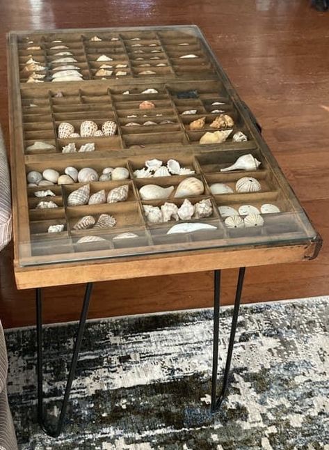 Display Beach Rocks, Display Case Coffee Table, Shadowbox Coffee Table, Shadow Box Coffee Table, Jewelers Bench, Beads Of Courage, Letterpress Drawer, Shell Display, Letterpress Type