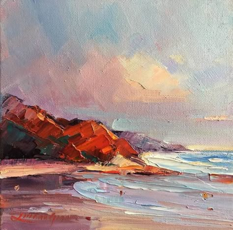 Canvas For Beginners, Knife Painting, Beginner Painting, Beach Scene, Painting Inspo, Seascape Paintings, Red Rock, Palette Knife, Oil Painting Abstract