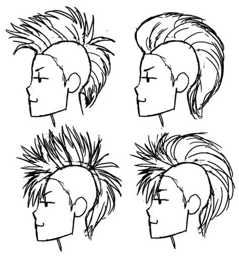 How To Draw A Mohawk Front View, Mohawk Reference Drawing, How To Draw Mohawk Hair, Drawing Mohawk Hair, Mohawk Art Reference, Mohawk Front View Drawing, Mohawk Side Profile, Anime Mohawk Hair Drawing, How To Draw Mohawk