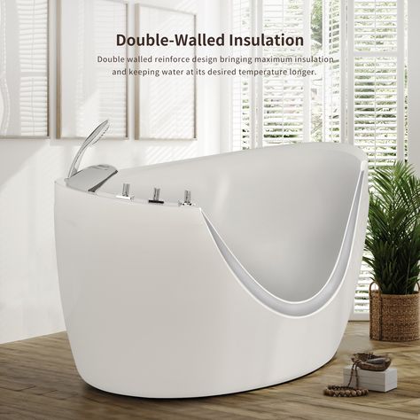 The 48-inch Japanese style air jets soaking tub is a perfect combination of style and practicality. It's made out of a glossy white acrylic and reinforced with fiberglass for long lasting durability. The freestanding style provides a clean and efficient use of space in your master bath allowing for an open environment unrestricted by walls and barriers. It uses air pump to push pressurized air into the tub, release thousands of bubbles to massage your body, yielding a gentler, more soothing experience. The 21-inch soaking depth, deeper than standard tubs for full immersion. During the past years, our air jets soaking bathtub have been a very popular choice for bathroom upgrades and new builds. Empava Deep Soaking 48-in x 31-in White Acrylic Oval Freestanding Air Bath with Faucet, Hand Show Soaking Tubs Master Bath, Small Soaking Tub, Soaking Tub Shower Combo, Corner Soaking Tub, Japanese Bathtub, Japanese Soaking Tubs, Walk In Tubs, Deep Soaking Tub, Bathtub Design