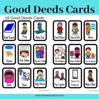 ILMA Education: Printable Good Deeds Cards For Kids Plus Free Colo... Ramadan Cards For Kids, Madrassah Activities, Other Words For Good, Islamic Worksheet, Ramadhan Planner, Words For Good, Ramadan Craft, Ramadan Nights, Ramadan Activity