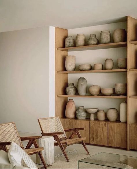 Pottery Room Aesthetic, Wabi Sabi Store Design, Wabi Sabi Library, Wabi Sabi Entertainment Center, Wabi Sabi Bookshelves, Wabi Sabi Shelves, Pottery Display, Ceramic Store, Wabi Sabi Interior